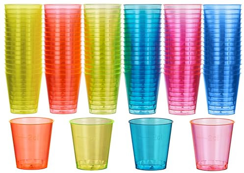 MATANA 60 bunte Shotgläser Plastik, Schnapsgläser (3cl) - Neon Becher Schwarzlicht - Shot- und Schnapsbecher, Plastik Pinnchen - Party Zubehör - Stabil & Mehrweg