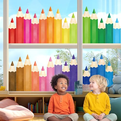 DECOWALL CDS9-9005 Fensteraufkleber Haften Buntstiften Regenbogen Bunte wiederverwendbare wasserdichte Glasaufkleber Kinder Klassenzimmer Kinderzimmer Wohnkultur Babyzimmer