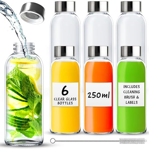 Lot de 6 bouteilles en verre étanches et réutilisables eau, jus, lait et smoothie couvercles hermétiques en métal brosse de nettoyage étiquettes blanches de 250 ml