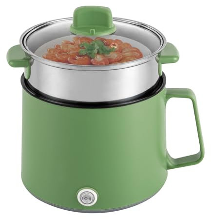 RjcdOPL Marmite de Cuisine Électrique Multifonctionnelle 1.7L, Avec Cuiseur à Vapeur et Couvercle en Verre, Revêtement Antiadhésif, Deux Modes de Puissance 300W/600W, Pour Fondue, Soupe (Vert)