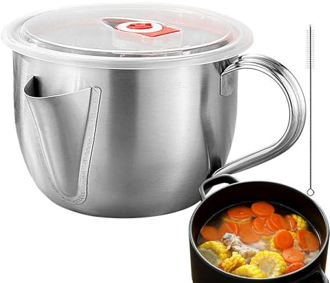 YNPQTDS Stainless Steel Oil Soup Separator, Fat Separator Strainer Bowl, 1L Oil Fat Separator, Multipurpose Fat Separator, Stainless Steel Grease Separator with Lid and Brush, Grease Separator Jug