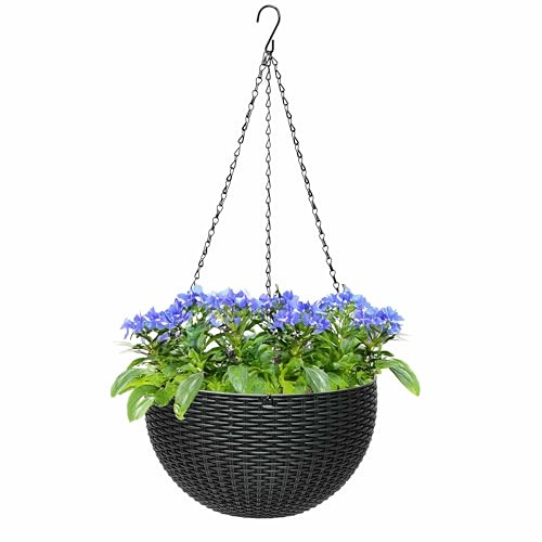 ADEPTNA Beautiful Rattan Effect Hanging Planter – 26cm (10) Hanging Basket | Decorative Plant Pot for Home, Garden & Patio | Stylish Flower Bowl for Indoor & Outdoor Use (BLACK)