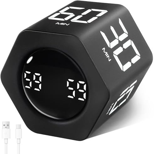 Cuteefun Cube Timer, Hexagon Drehbarer Pomodoro Timer, 1-5-10-30-60 Min Countdown, Vibrations und Ruftonmodi, Einstellbare Lautstärke, USB C Wiederaufladbar, Kurzzeitmesser für Küche, Sport, Schwarz