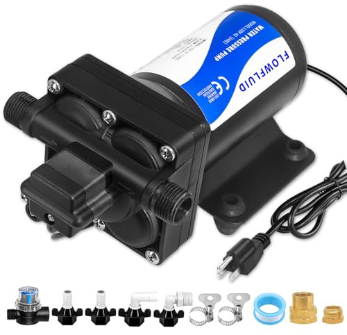FlowFluid 110V AC Water Pressure Booster Pump for RV,70PSI 5GPM Camper Transfer with Plug,On Demand Self-Priming Water Pump with Filter for Kitchen Irrigation Spray Hose Garden Hose Marine Yacht