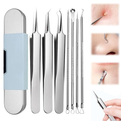 Juego de 7 herramientas para eliminar puntos negros extractor de comedones de acero inoxidable seguro espátula limpia y respetuosa con la piel para hombres y mujeres.