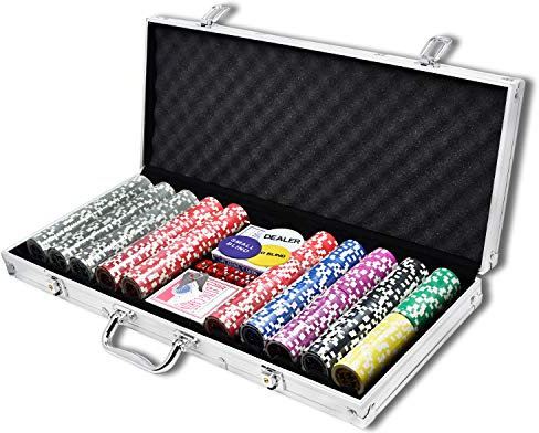 Froadp Pokerset, pokerfodral, proffs, kortspel, tillbehör, pokerset av aluminiumhölje inkl. 500 x laser pokerchips 2 x pokerdäck 5 x kuber, 3 x dealerknapp och 2 x nycklar, silver