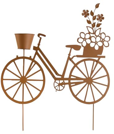 Coopers of Stortford - Garden Planter in Rusty Metal Bike Design - Deocrative Garden Ornamnet with Basket and Flower Silhouette