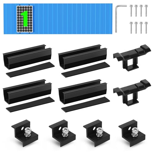 BOSYTRO Kit de Montaje PV, Soporte para Módulos Solares para 1 Módulo, Riel Negro de 12 cm + Clips de Drenaje 30MM + Abrazadera Ajustable para Módulos de 30-35 mm de Grosor, para Tejados Planos