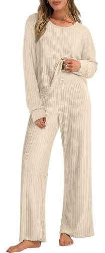 Yutdeng Conjunto 2 Piezas Mujer Ropa Casa Pantalon y Jersey Manga Larga Pierna Ancha Cintura Alta Casual Traje Mujer Elegante Dos Piezas Conjunto Yoga Chandal Pijama Invierno Otoño,Beige,L