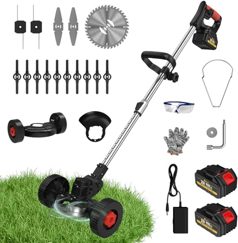 CONENTOOL 600W Akku Rasentrimmer Mit 2X 2000Ah Akku 21V Rasenkantenschneider Mit 4 Arten Von Schneidklingen, 8500rpm/min Freischneider Mit Hilfsgleitrad, Teleskopstab Motorsense (Schwarz)