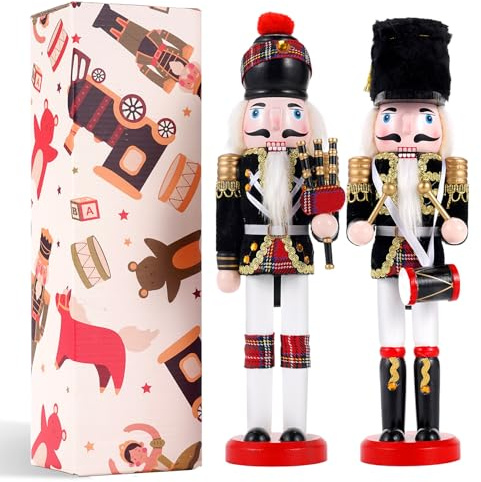 COMBIUBIU 2Pcs Wooden Christmas Decorations Nutcracker, 30CM Traditional Painted Nutcracker Figures,Festive Collectible Christmas Ornament Gift for Family Friends (Bagpipes & Drum)