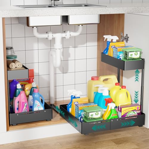 HG PLVTII Adjustable Under Sink Storage Organiser – 2 Tier Metal Cupboard Rack, Width & Height Expandable, Ball Bearing Slides Pull-Out Shelf for Kitchen, Bathroom, Laundry, Pantry (2 Pack, Black)