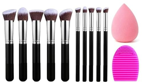 Premium Kabuki Makeup Brush Set with Blender Sponge & Brush Cleaner | 10 Pcs Synthetic Brushes for Foundation, Powder, Blush & Eyeshadow (Black/Silver)