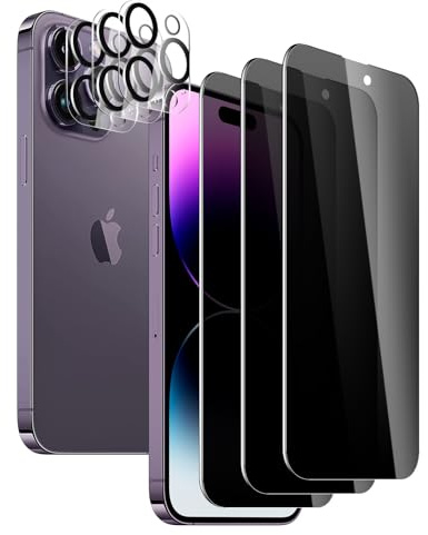 SUJASEN Anti-Spy Gehärtete Glas Schutzfolie, für iPhone 14 Pro, 3 Stück Gehärtetes Glas+3 Stück Kamera Schutzfolie, Kratzfest, Anti-Bläschen, 9H Härte, Ultrabeständig