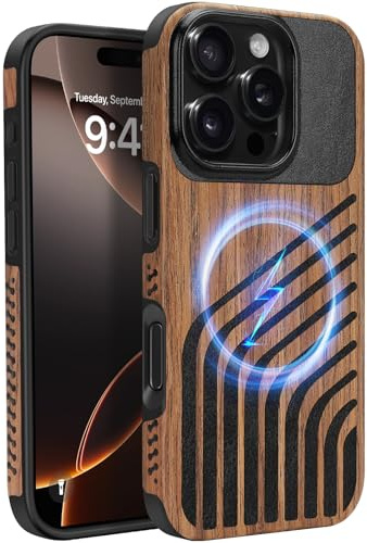 ZZDZZ Coque Magnétique pour iPhone 16 Pro Max [Compatible avec MagSafe] Étui en Bois et Cuir Protection Antichoc Housse pour iPhone 16 Pro Max - Bois Cuir