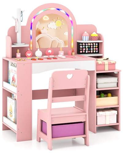 DREAMADE Kinderschminktisch Set mit Hocker, Schminktisch aus Holz mit LED-Spiegel & Schmuckhalter, Frisiertisch mit offenem Regal, Stoffbox & Bücherregal, Kosmetiktisch für Kinder ab 3 Jahren (Rosa)