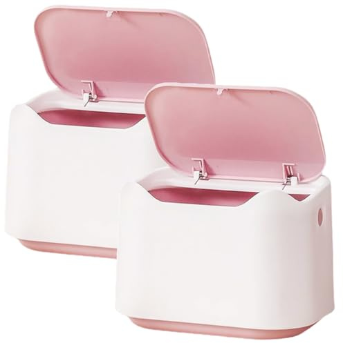 DIYEAH Lot de 2 Petites Poubelles à Pression Blanches et Roses, Poubelles de Table en Plastique Couvercle, Compactes et Multifonctionnelles pour Bureau, la Cuisine, Salle de Bain