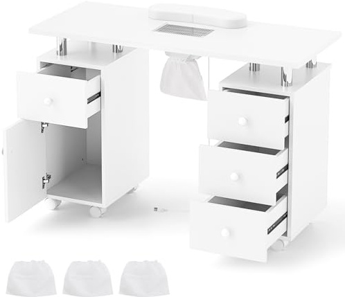 DREAMADE Table Manucure avec Aspirateur, Bureau Onglerie avec 8 Roues, 3 Sacs à Poussière, Repose-Poignet, Tiroirs & Armoire, pour Salon de Beauté, Spa, Maison (Blanc)