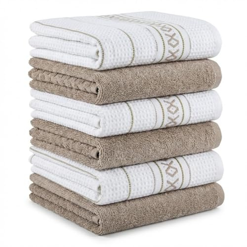 BOSKIMO Paños de Cocina Algodón Premium – Pack de 6 Trapos de Cocina Microfibra y Rizo, Trapos Cocina Algodón Absorbentes, Paños de Limpieza Palma Beige