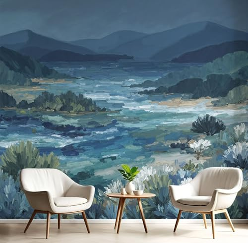 Papel Pintado Pared 3D Montañas Abstractas Olas Oceánicas 250X175Cm Fotomurales Paisaje Pintura, Azul Profundo Papel Tapiz Grande Murales Fotográfico Moderno Decoración De Pared Para Sala Dormitorio