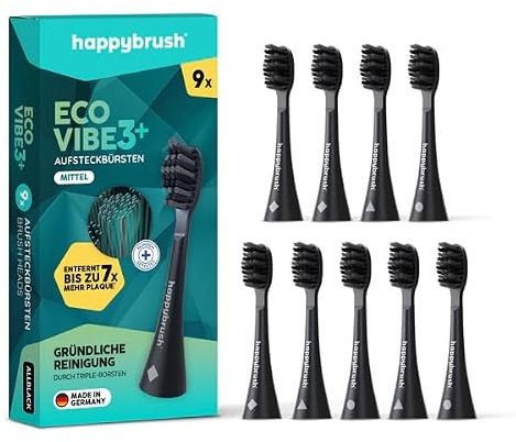 happybrush® Nachhaltige Aufsteckbürsten für elektrische Schall-Zahnbürste Eco VIBE 3 - Allblack - 9 Stück