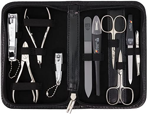 DREI SCHWERTER - Germany 10-tlg. Maniküreset 'Spezia' | Nageletui in schwarzem Kunstleder | Inhalt: Nagelschere, Hautschere, Nagelzange, Pinzette, Glasnagelfeile uvm