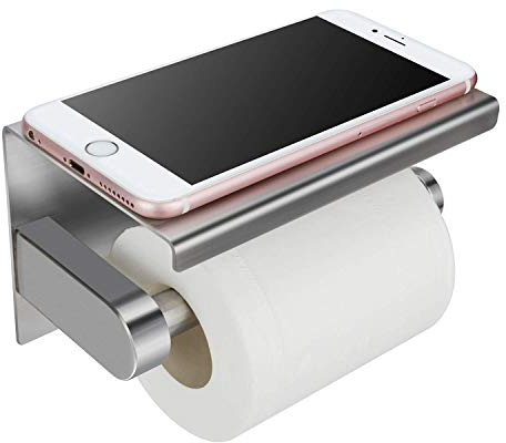 WAYDELI Toilet Paper Holder with Phone Shelf, Fit Mega Rolls, Tissue Roll Dispenser with Storage Shelf, SUS304 Stainless Steel, 3M Adhesive No Drill or Wall-Mounted with Screws - Brushed Nickel