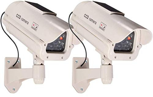 2 grandi telecamere di sorveglianza finte, a energia solare, per esterni, con obiettivo e funzione lampeggiante, per videosorveglianza