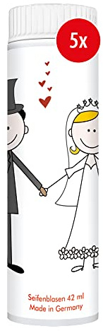 PUSTEFIX Seifenblasen Set I 5 x Klassik 42ml Hochzeit Comic I Bunte Hochzeits-Bubbles Made in Germany I Seifenblasen für Hochzeit, Standesamt, Polterabend, Kinder-Geburtstag I 5 x 42 ml Vorteilspack