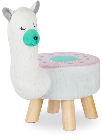 Relaxdays Tierhocker Lama für Kinder, Plüschbezug, rund, Sitzgelegenheit Kinderzimmer, Kinderhocker Tiermotiv, weiß