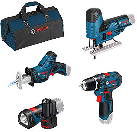 Bosch Professional 12V System Akku Bohrschrauber GSR 12V-15 + Säbelsäge GSA 12V-14 + Stichsäge GST 12V-70 + LED-Lampe GLI 12V-80 (inkl. 2x2.0Ah Akku + Ladegerät GAL 12V-40, in Tasche)