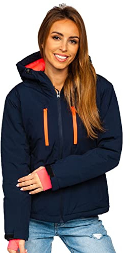 BOLF Damen Winterjacke Skijacke Snowboardjacke Schneejacke mit Kapuze Schneefang Bündchen Winddicht Wasserdicht Atmungsaktiv Outdoor Sport Style HH012 Dunkelblau L [D4D]