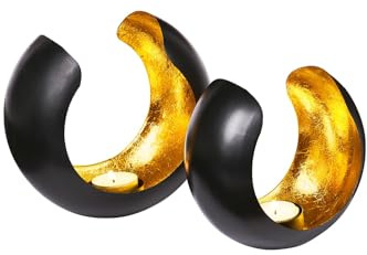 2er Set Windlicht Laterne orientalisch Kumas Groß 17cm Gold | Orientalische Vintage Teelichthalter Schwarz von außen und Goldfarben innen | Marokkanische Windlichter aus Metall als Dekoration