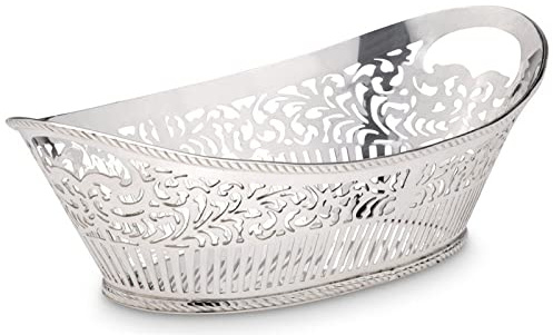 moderner länglicher Brotkorb 26 cm - großer versilberter Servierkorb mit Griffe - flacher Frühstücks-Korb ideal für Brötchen, Brot, Baguette, Toast, Croissant oder Gebäck