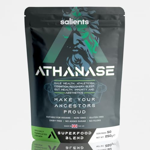 SALIENTS® ATHANASE® | Men's Super Greens Powder | Superfood Powder Blend | Includes Maca Root, Guarana, Ashwagandha, Lions Mane, Shilajit, Fenugreek & More | 250g & 50 Servings | UK