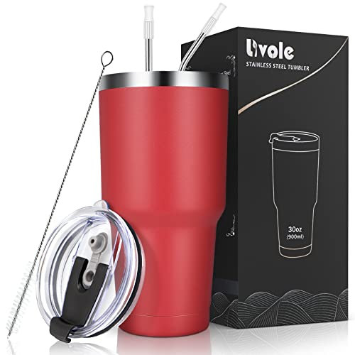 Livole 30oz 900ml Trinkbecher für Männer, Frauen, Thermobecher Kaffee to go, Camping Tasse, Doppelwandiger Edelstahl Becher mit Strohhalm, Isolierter Vakuum Kaffeebecher, Reisebecher, Rot