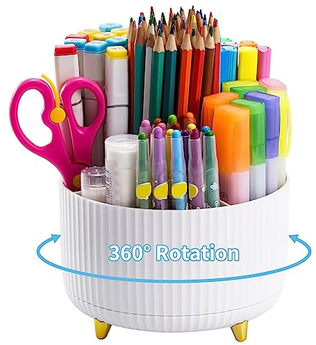 Marbrasse Desk Organizer, 360-Degree Rotating Pen Holder, Desk Organizers and Accessories with 5 Compartments Pencil Holder, Art Supply Storage Box Caddy for Office, Home（White）
