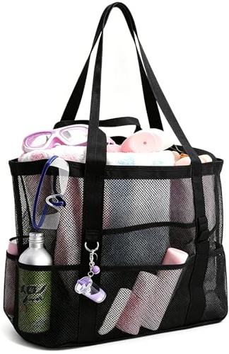 Ogetok Mesh Beach Bag, Extra Large Mesh Beach Tote Bag, Lightweight Oversized Pool Bags with 8 Pockets for Women and Men, Foldable Vacation Trip Essentials Beach Accessories