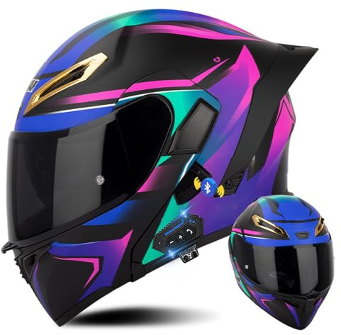 Klapphelm mit Bluetooth, Integralhelm mit Doppelvisier - ECE Zertifiziert, Lila für Erwachsene Frauen und Männer - Hohe Qualität für Roller-Mofa-Moped