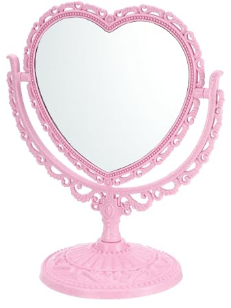 VOCOSTE Herzförmiger Schminkspiegel Pink 1 Stück Drehbar Für Schreibtisch | Material: PP Und Glas, Größe: 21x23cm, Schminktisch, Badezimmer, Schlafzimmer, Für Frauen