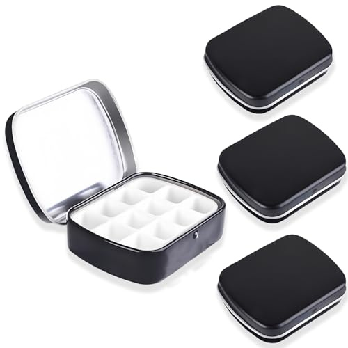 Modixun 4pcs Mini Black Metal Compact Watercolor Palette with Lid, 12-Well Empty Paint Pans, Portable Travel Art Set