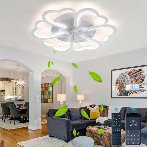 Lrenjon 27 Ventilateur de Plafond avec éclairage Réglable et Telecommande, Lustre Ventilateur de Plafond Silencieux, Plafonnier Ventilateur de Plafond Chambre Salon, Reversible Chaud Froid-White