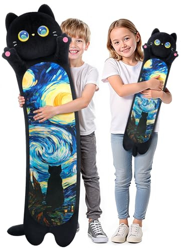 Mewaii 110 cm Kawaii svart katt plysch lång kudde mjuk och bekväm plyschkattkudde för barn från 3 år och uppåt