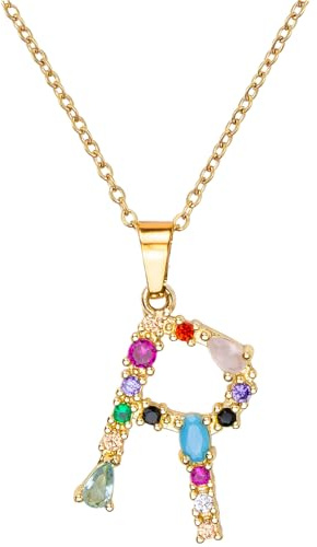 MARARDI Colgante Mujer Dorado con Inicial Personalizado - Collar Mujer con Letra [R] de Color Oro y Piedras de Colores - Apto para Cualquier Ocasión Original Elegante