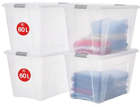 Iris Ohyama, Lotto di 4 scatole portaoggetti in plastica con coperchio, Grandi scatole portaoggetti impilabili, 60 L, senza BPA, Lavanderia, Ufficio, Trasparente/Maniglie Argento, L39,5 x P58 x