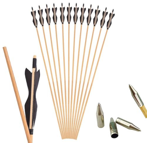 Bogenschießen Holzpfeile 5-Zoll-Truthahnfedern Traditionelle Jagdpraxis Zielpfeil für Recurvebogen Langbogen (12, Schwarz, mit Pfeilspitze)
