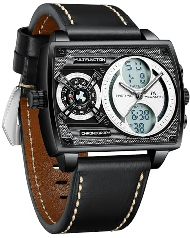 MEGALITH Montre Homme Cuir Digital: Etanche Analogique Quartz Zone Multi-temporelle Montre Bracelet Homme - Noir Grand Cadran Carré Design Mode