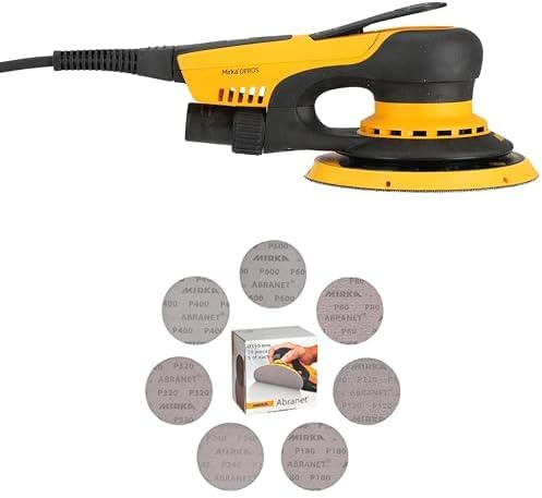 Mirka DEROS II 625 Lijadora orbital aleatoria con aspiración de polvo para lija Ø 150mm / carrera 2,5mm + Mirka Abranet malla discos de lijado Ø 150mm cierre adhesivo/Mix-Pack 5 de cada grano 35 uds