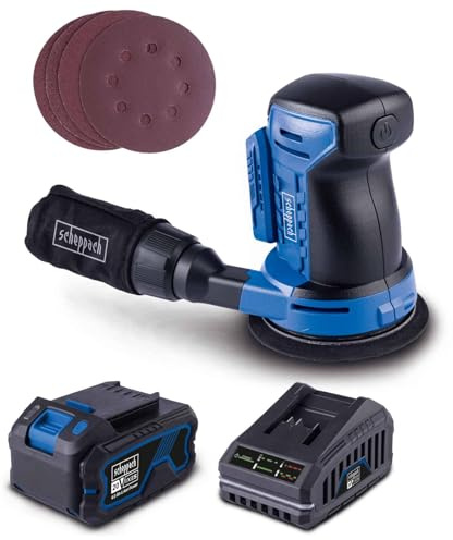Scheppach Akku Exzenterschleifer C-OBS125-X | SchleiftellerØ 125mm | Schwingkreis 2mm | Schwingzahl max 24000min-1 | Softstart & Zubehör | 20V-IXES-Serie | 10 Jahre Garantie | mit 4Ah Akku & Ladegerät