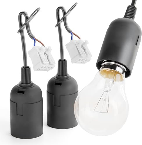 Greate 3x Baufassung E27 Schwarz Mit Schnellverbinder - Lampenfassung Inkl. Zugentlastung - Renovierfassung Max. 60W 250V - Baustellenfassung, LED-Baufassung, Bau Lampenfassung, Baulampen